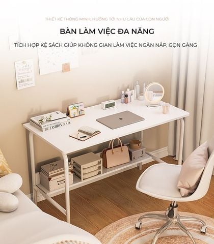 Bàn làm việc chân sắt có ngăn để đồ tiện ích, góc bo tròn - Nội Thất IGA - GM160