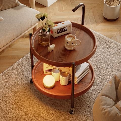 Bàn trà di động 2 tầng chân đen mặt óc chó - GM188