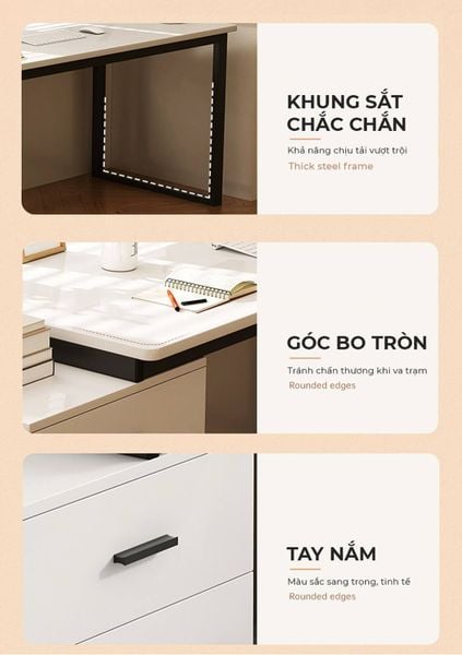 Bàn làm việc kèm tủ đồ khung đen mặt gỗ trắng - GM196