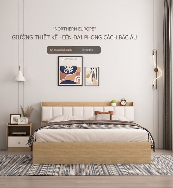 Giường Ngủ Gỗ Lõi Xanh Chống Ẩm, Thiết Kế Đệm Mút Có Độ Đàn Hồi Tốt - Nội Thất IGA - GP240