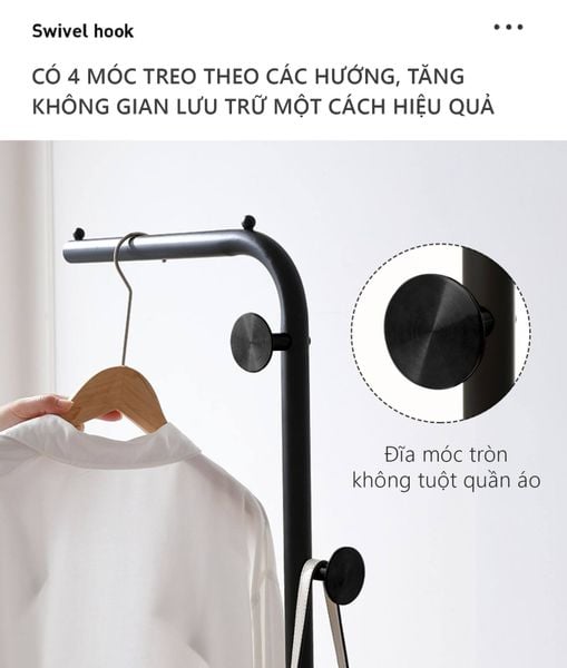 Cây treo quần áo uốn khung đen đế gỗ trắng - GM91