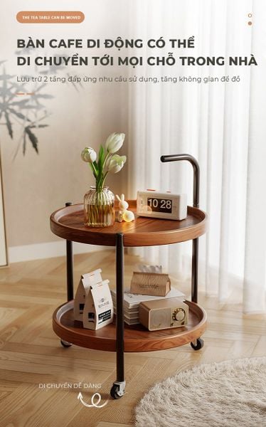 Bàn trà di động 2 tầng chân đen mặt óc chó - GM188