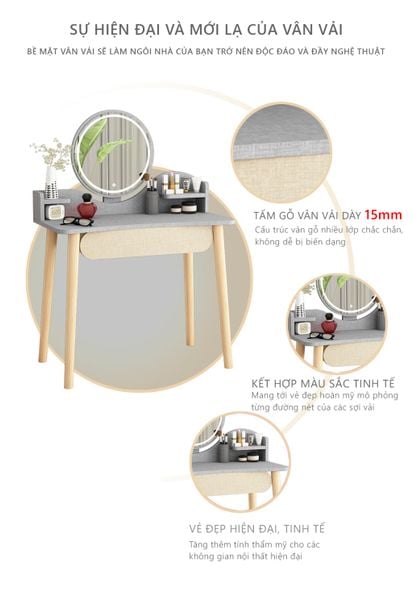 Bàn trang điểm gương LED cảm ứng, có hộc tủ, có ngăn nhỏ tiện lợi - Nội Thất IGA - GP201