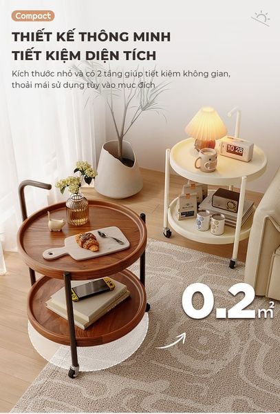 Bàn trà di động 2 tầng chân đen mặt óc chó - GM188