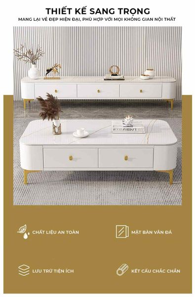 Combo bàn trà + kệ tivi TC vân đá - GM168