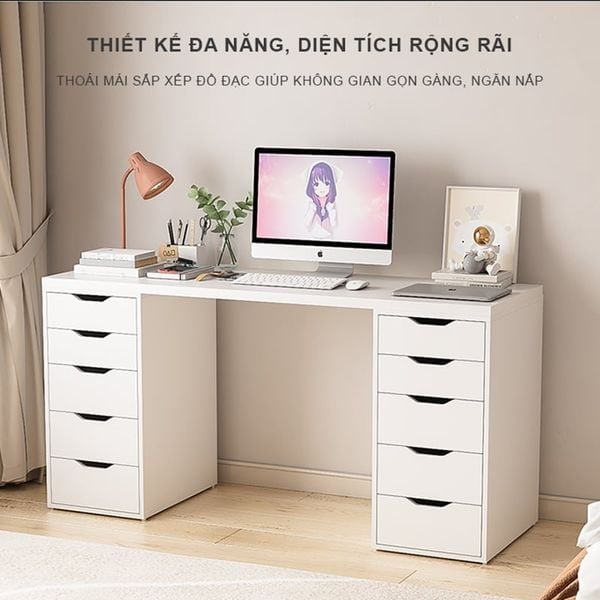Bàn Làm Việc Kèm Tủ Kéo 10 Ngăn Siêu Tiện Lợi Màu Trắng Sang Trọng - Nội Thất IGA - GP313