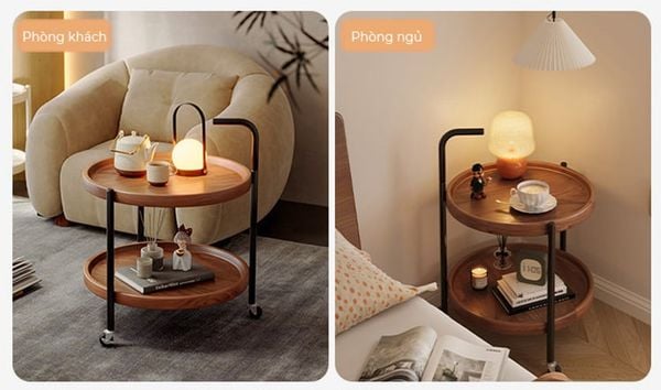 Bàn trà di động 2 tầng chân đen mặt óc chó - GM188