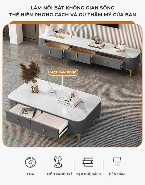 Combo bàn trà + kệ tivi TC vân đá - GM168