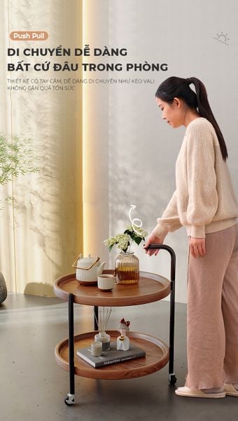 Bàn trà di động 2 tầng chân đen mặt óc chó - GM188