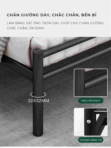Giường sắt khung đen 1m6x2m - GM158