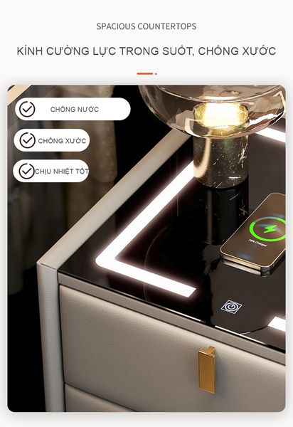 Tab Đầu Giường Bằng Da Tích Hợp Sạc Bluetooth, Đèn Led Hiện Đại - Nội Thất IGA - GA36