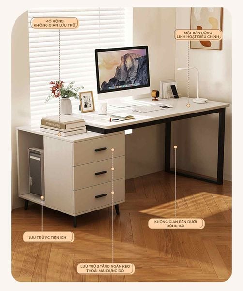 Bàn làm việc kèm tủ đồ khung đen mặt gỗ trắng - GM196