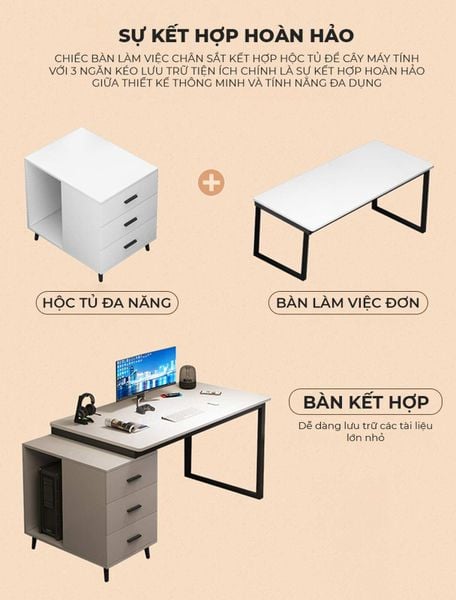 Bàn làm việc kèm tủ đồ khung đen mặt gỗ trắng - GM196