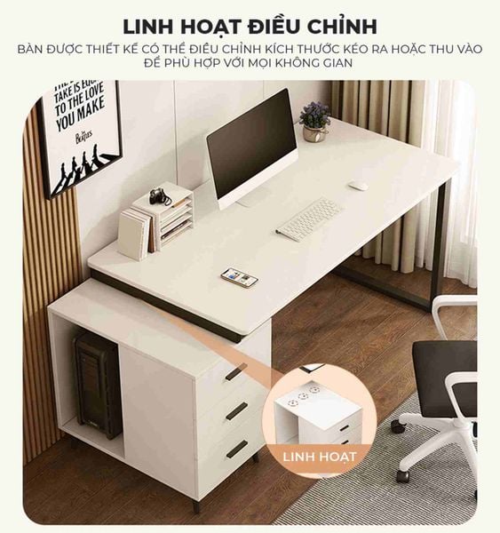 Bàn làm việc kèm tủ đồ khung đen mặt gỗ trắng - GM196