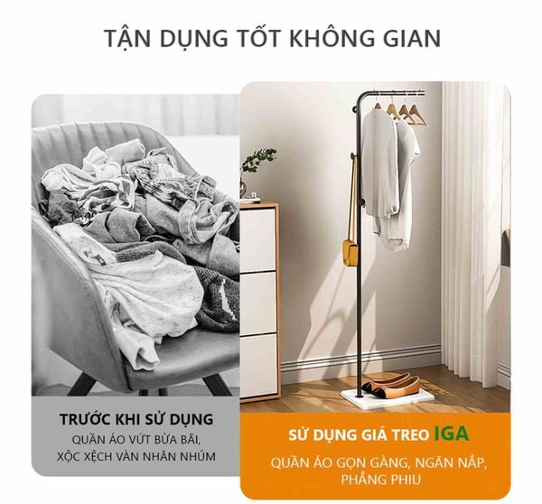 Cây treo quần áo uốn khung đen đế gỗ trắng - GM91