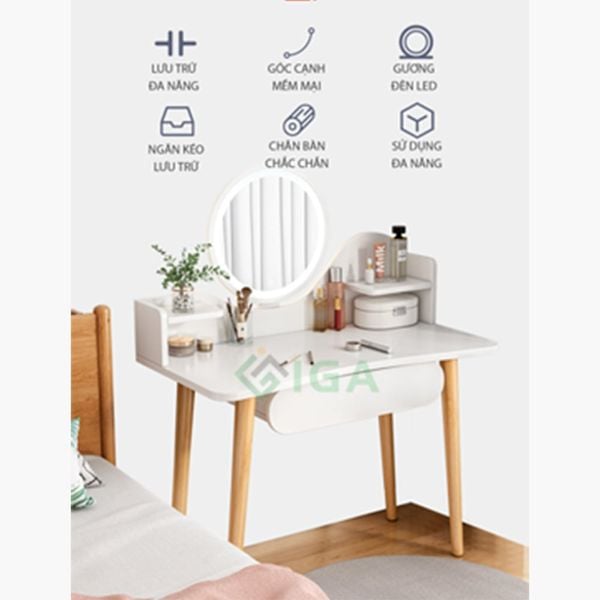 Bàn trang điểm gương LED cảm ứng, có hộc tủ, có ngăn nhỏ tiện lợi - Nội Thất IGA - GP201
