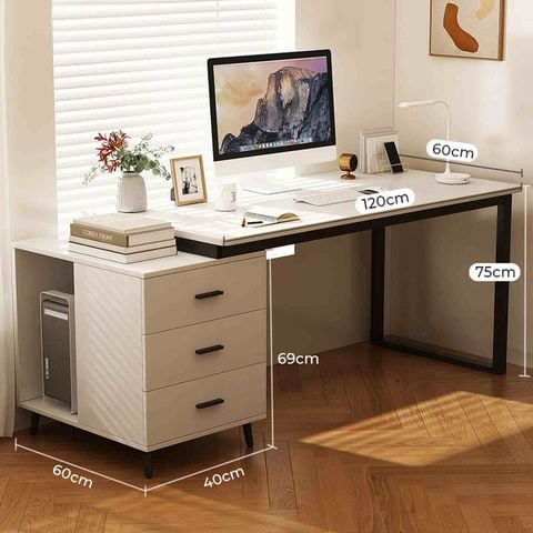 Bàn làm việc kèm tủ đồ khung đen mặt gỗ trắng - GM196