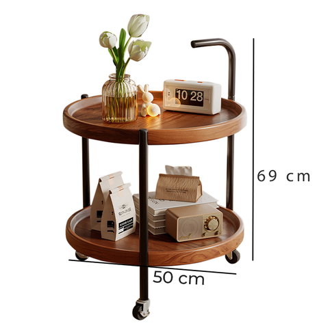 Bàn trà di động 2 tầng chân đen mặt óc chó - GM188