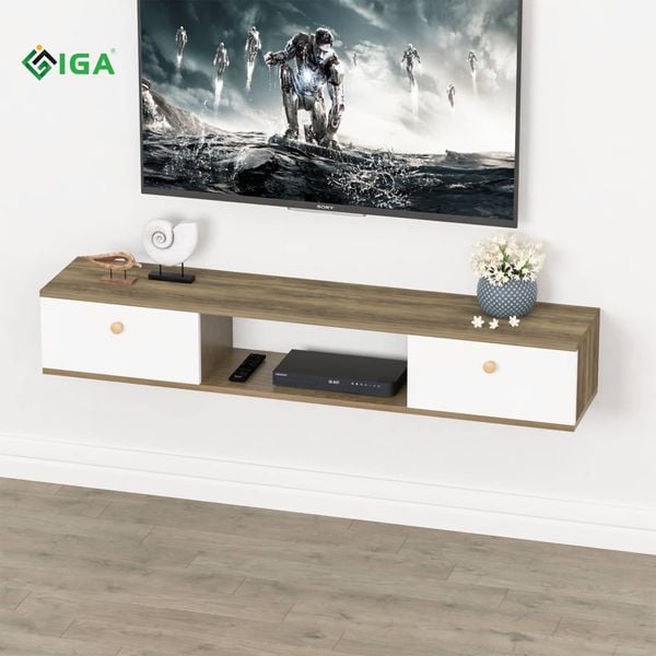 Kệ Tivi Treo Tường Vân Gỗ Óc Chó Phối Trắng Ánh Tím Siêu Đẹp - Nội Thất IGA  - GP188