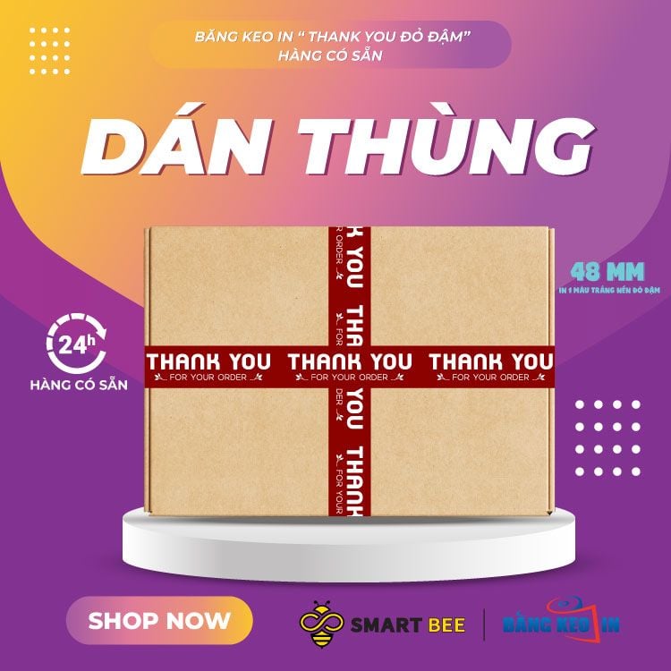  Băng Keo In Thank You [48MMx72M] Màu nền Đỏ Đậm & Chữ Trắng Sữa , Dán Thùng 48TYxNMCT 