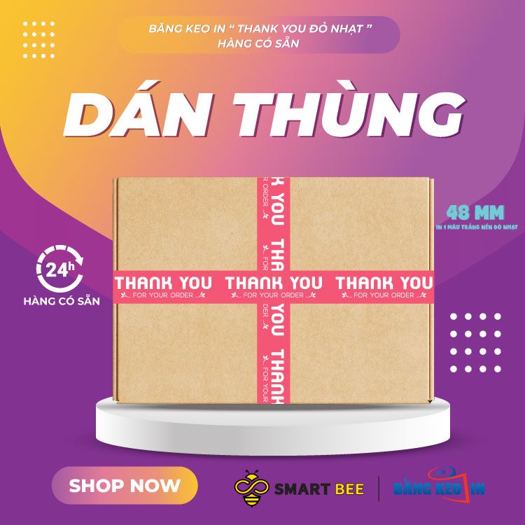  Băng keo in Thank You [48MMx72M] Màu nền Đỏ Nhạt & Chữ Trắng Sữa, Dán Thùng 48TYxNMCT 
