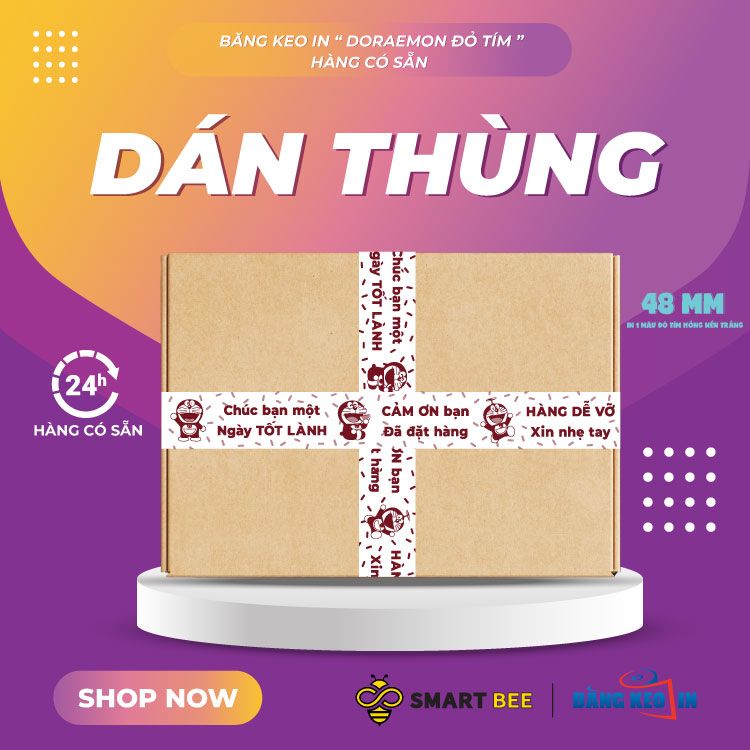  Băng keo in Hàng Dễ Vỡ - Doreamon [48MMx72M] Đỏ Tím & Trắng Sữa HDVxDRMxNTCM 