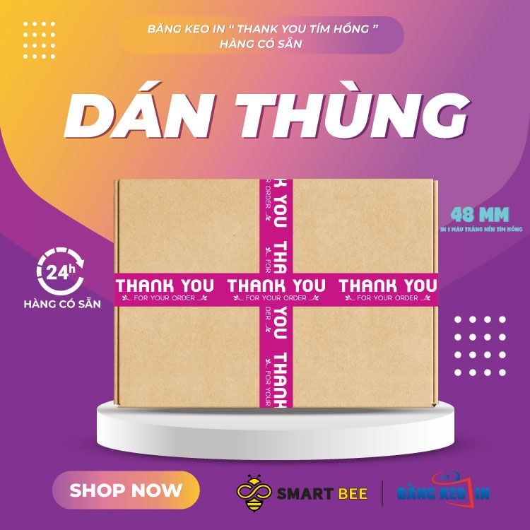  Băng Keo In Thank You [48MMx72M] Màu Nền Tím Hồng & Chữ Trắng Sữa 