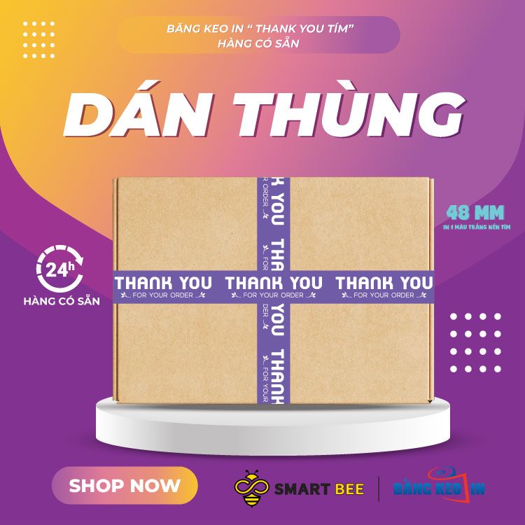  Băng Keo In Thank You [48MMx72M] Màu Nền Tím & Chữ Trắng Sữa , Dán Thùng 48TYxNMCT 