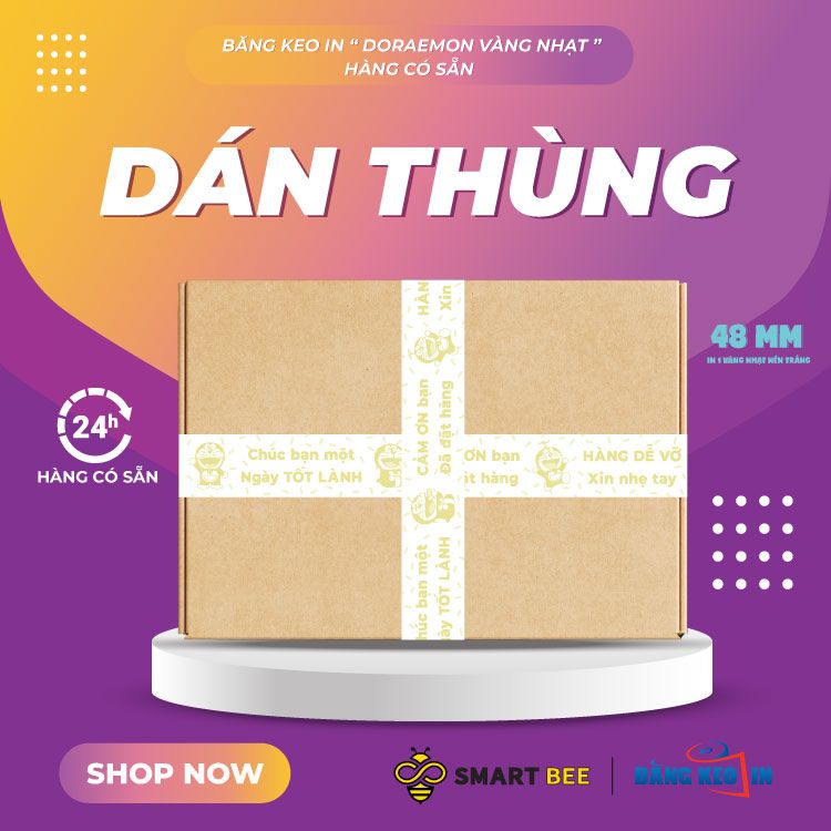  Băng Keo In 'Hàng Dễ Vỡ-Doreamon' [48MMx72M] Vàng Nhạt & Trắng Sữa - Sự Linh Hoạt Cho Ngành Mỹ Phẩm! 
