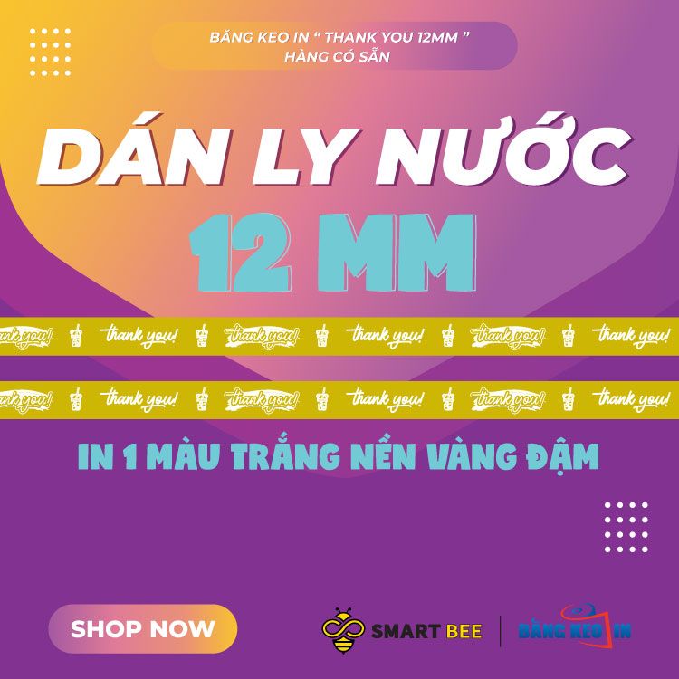  Băng keo in Thank You [12MMx72M] Nền Vàng Đậm & Chữ Trắng Sữa 12TYxNMCT 
