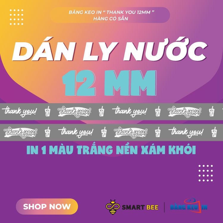  Băng Keo In Thank You [12MMx72M] Nền Xám Khói & Chữ Trắng Sữa 12TYxNMCT 