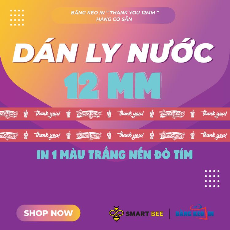  Băng keo in Thank You [12MMx72M] Nền Đỏ Tím & Chữ Trắng Sữa 12TYxNMCT 