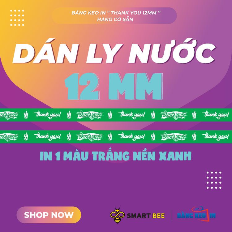 Băng keo in Thank You 12MM Nền Xanh Lá Chữ Trắng 