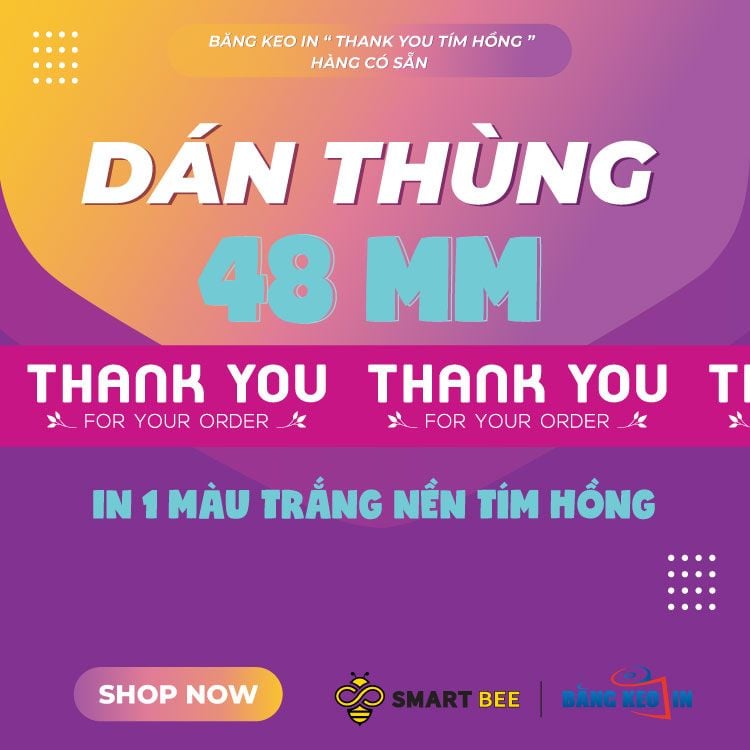  Băng Keo In Thank You [48MMx72M] Màu Nền Tím Hồng & Chữ Trắng Sữa 