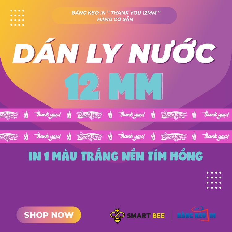  Băng keo in Thank You [12MMx72M] Nền Tím Hồng & Chữ Trắng Sữa 12TYxNMCT 