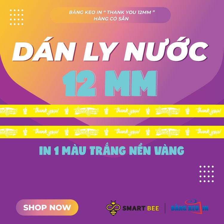  Băng keo in Thank You [12MMx72M] Nền Vàng & Chữ Trắng Sữa 12TYxNMCT 