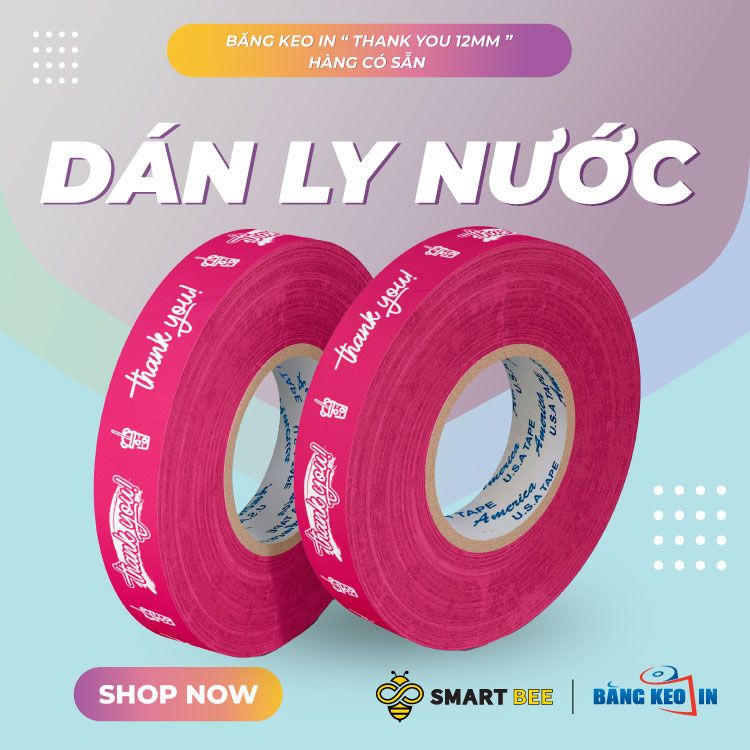  Băng Keo In Thank You [12MMx72M] Màu nền Hồng & Chữ Trắng Sữa 12TYxNMCT 