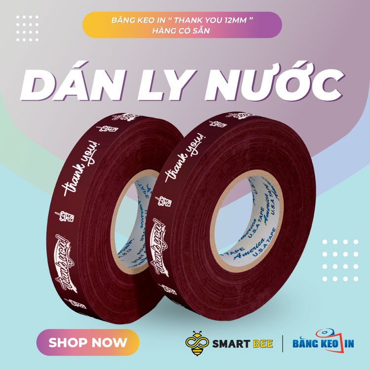  Băng Keo In Thank You [12MMx72M] Màu nền Nâu Đỏ & Chữ Trắng Sữa 12TYxNMCT 