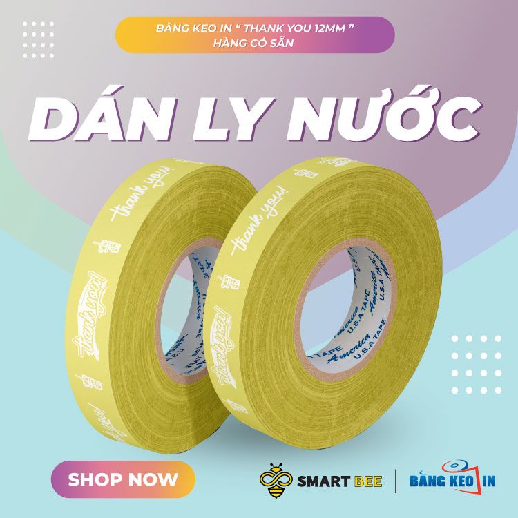  Băng keo in Thank You [12MMx72M] Nền Vàng Nhạt & Chữ Trắng Sữa 12TYxNMCT 