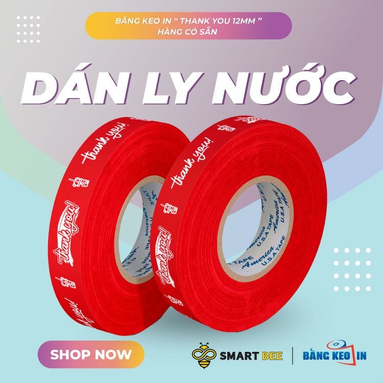  Băng keo in Thank You [12MMx72M] - Nền Đỏ & Chữ Trắng Sữa 