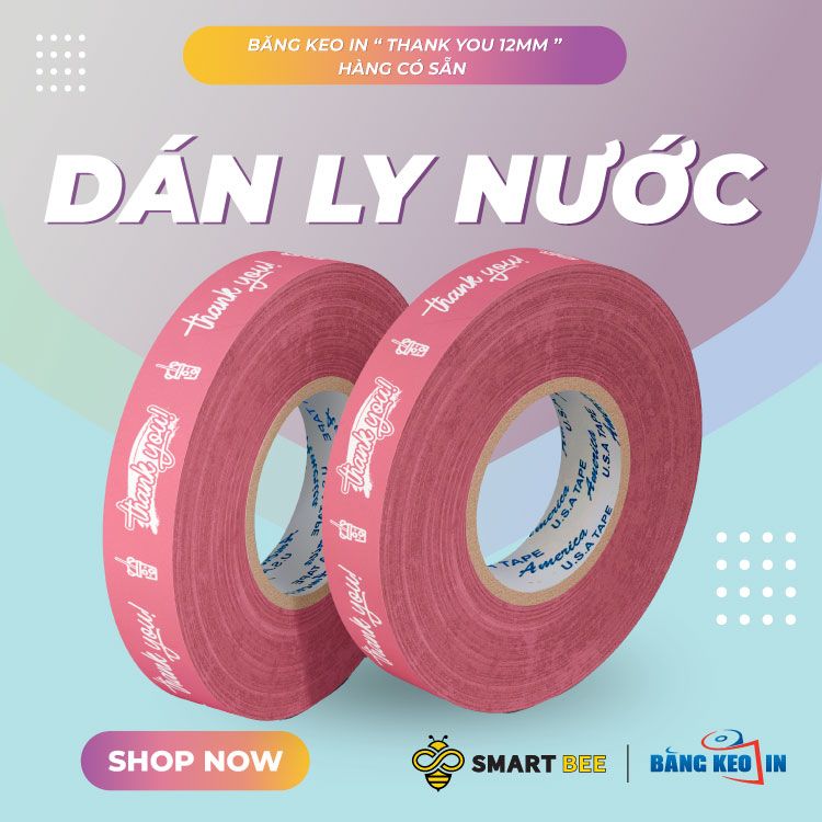 Băng keo in Thank You [12MMx72M] Nền Đỏ Nhạt & Chữ Trắng Sữa 