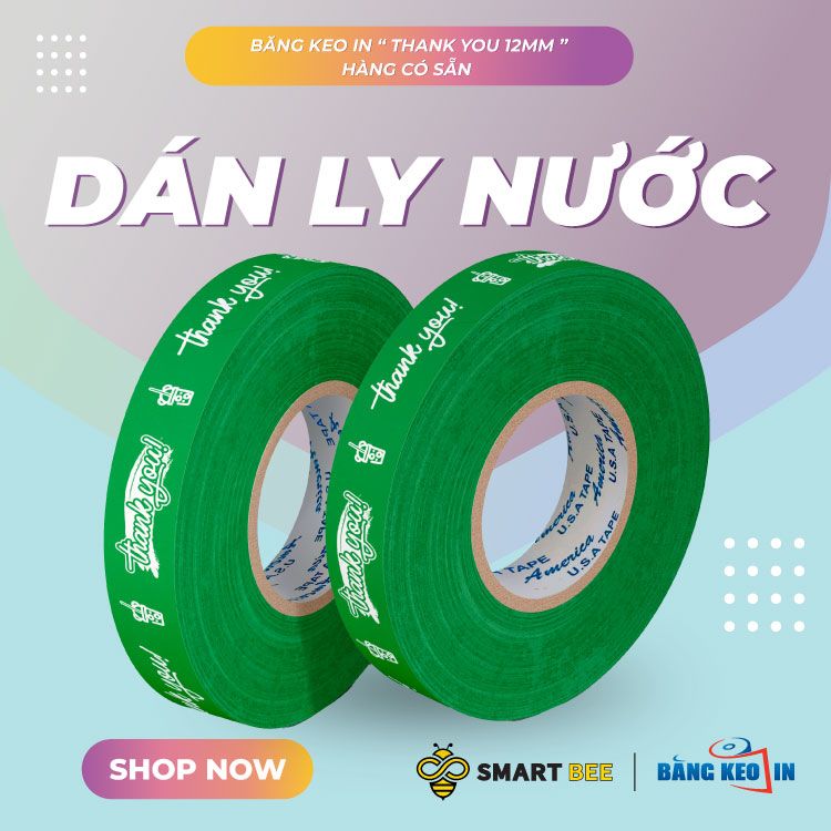  Băng keo in Thank You 12MM Nền Xanh Lá Chữ Trắng 