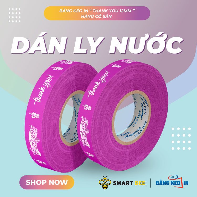  Băng keo in Thank You [12MMx72M] Nền Tím Hồng & Chữ Trắng Sữa 12TYxNMCT 