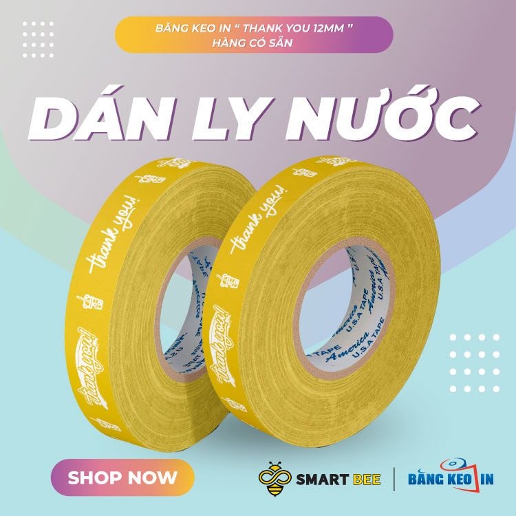  Băng Keo In Thank You [12MMx72M] Nền Vàng Ánh Kim & Chữ Trắng Sữa 