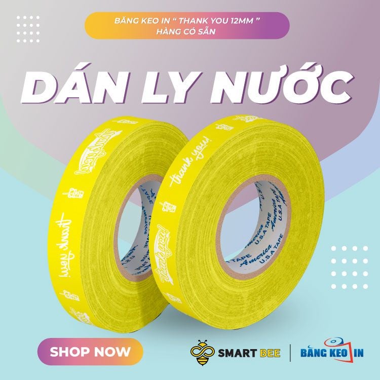  Băng keo in Thank You [12MMx72M] Nền Vàng & Chữ Trắng Sữa 12TYxNMCT 