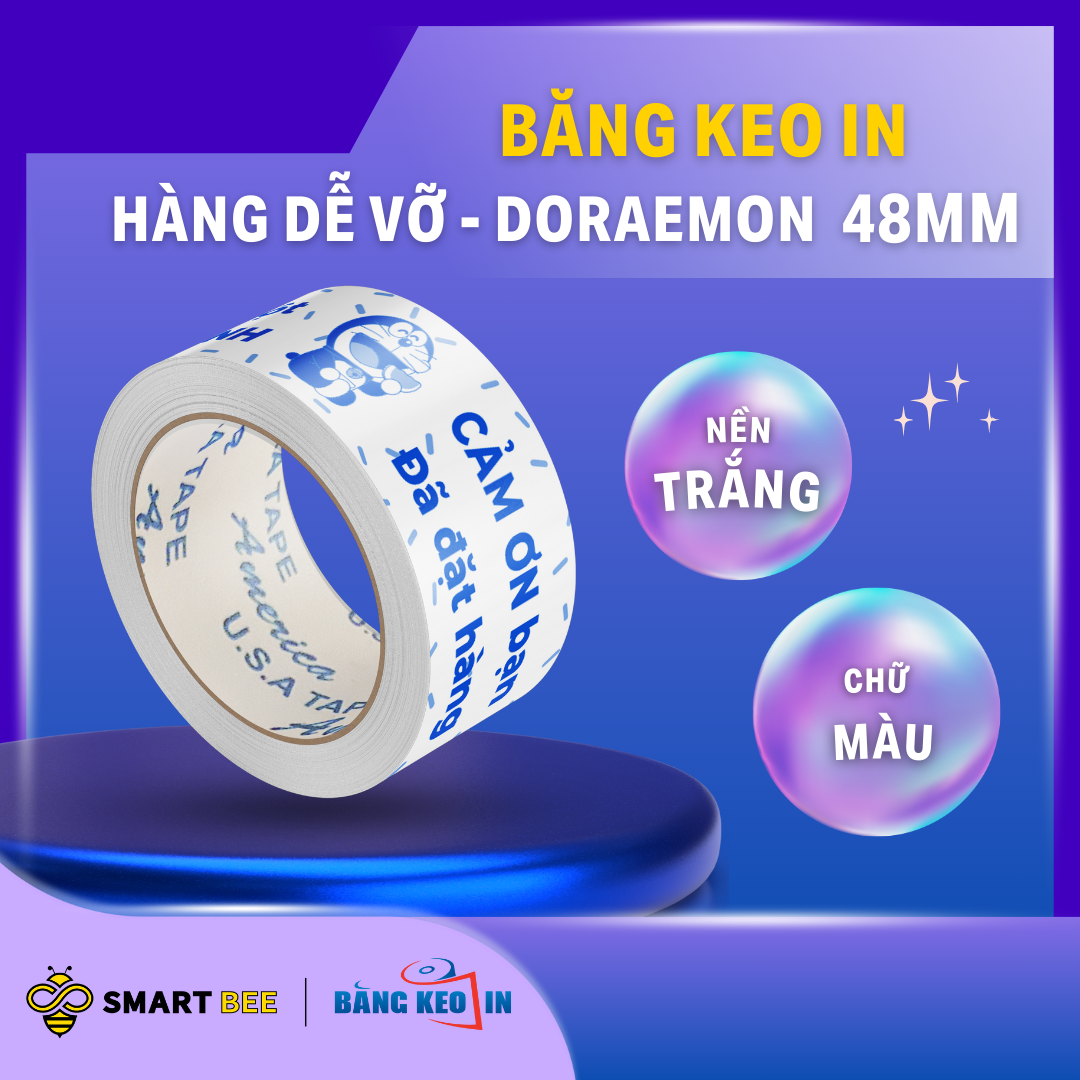  Băng Keo In Hàng Dễ Vỡ - Doreamon  48MM x 72M - Nền Trắng Sữa - Chữ In Màu HDVxDRMxNTCM 