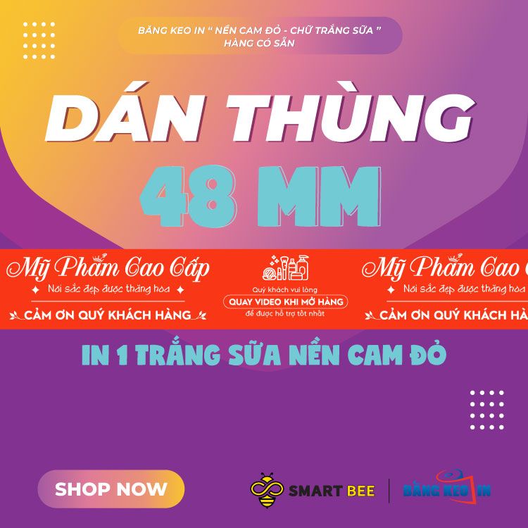  Băng Keo In Mỹ Phẩm Cao Cấp [48MMx72M] Nền Cam Đỏ & Chữ Trắng Sữa MPCCxNMCT 