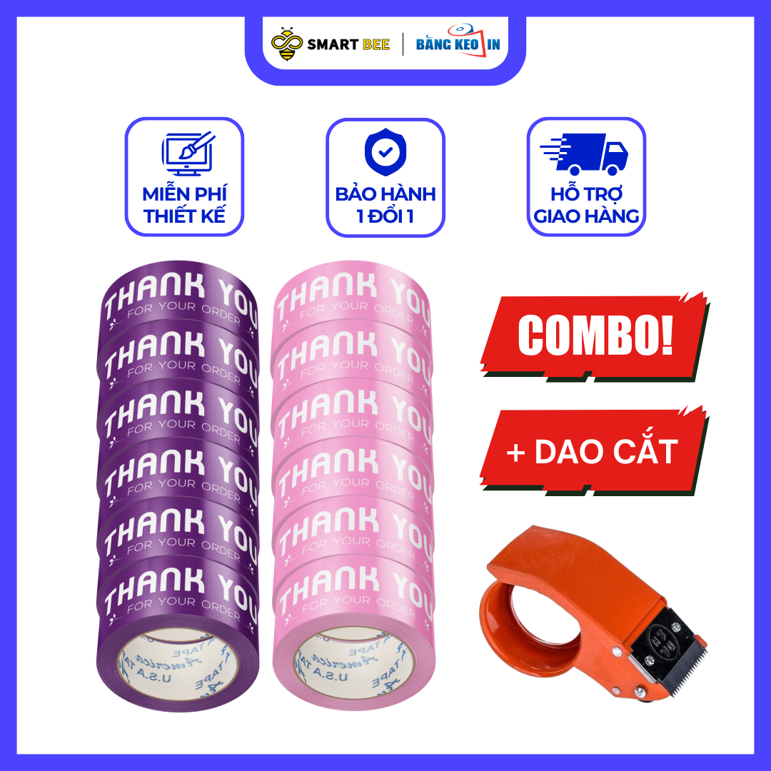  COMBO 2 Cây Băng Keo In Chữ THANK YOU 48mm (12 Cuộn) + [TẶNG DAO CẮT] 