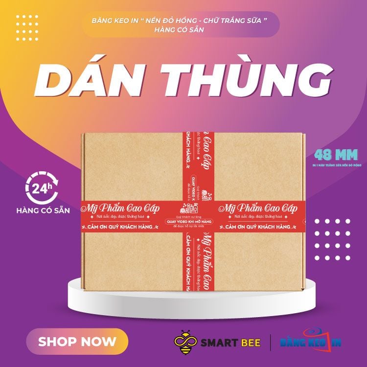  Băng Keo In Mỹ Phẩm Cao Cấp [48MMx72M] Nền Đỏ Hồng & Chữ Trắng Sữa MPCCxNMCT 