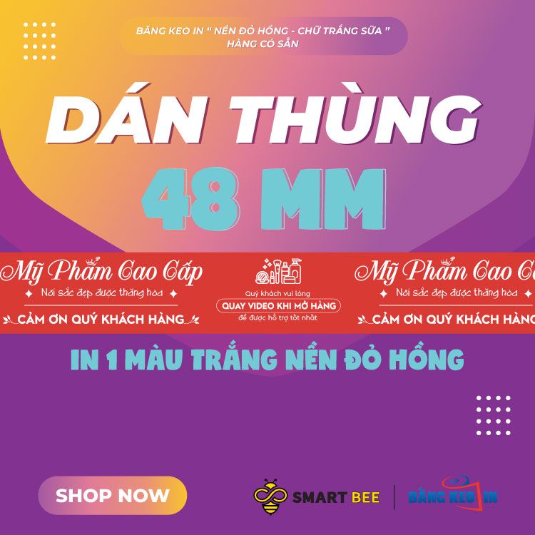  Băng Keo In Mỹ Phẩm Cao Cấp [48MMx72M] Nền Đỏ Hồng & Chữ Trắng Sữa MPCCxNMCT 